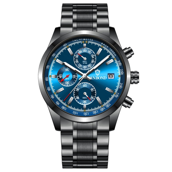 BINBOND B6022 30m Water-resistant Luminous Multifunctional Quartz Watch, Color: Black Steel-Blue