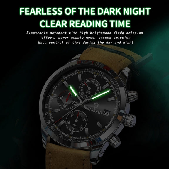 BINBOND B6022 30m Water-resistant Luminous Multifunctional Quartz Watch, Color: Black Steel-Black