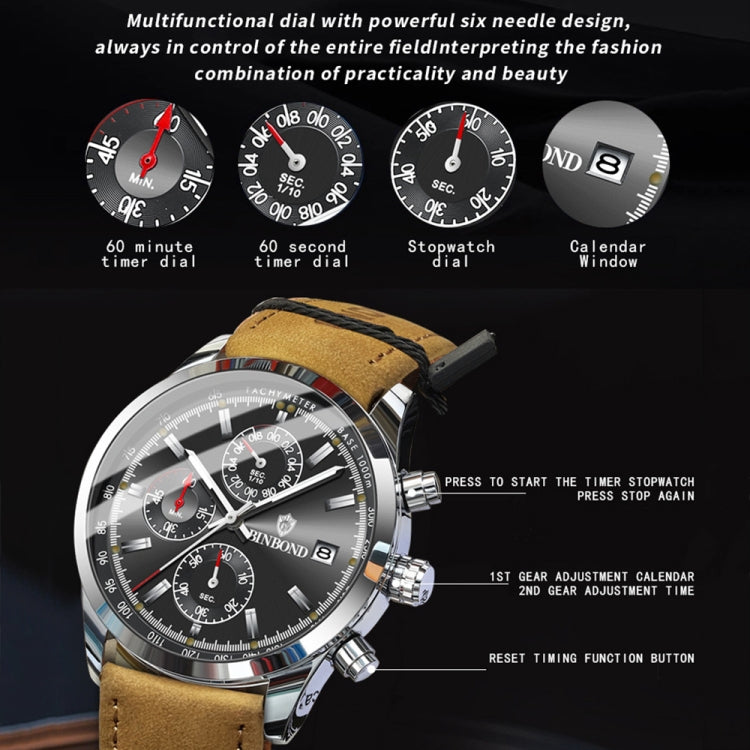 BINBOND B6022 30m Water-resistant Luminous Multifunctional Quartz Watch, Color: Black Steel-Black