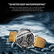 BINBOND B6022 30m Water-resistant Luminous Multifunctional Quartz Watch, Color: Leather-White Steel-White