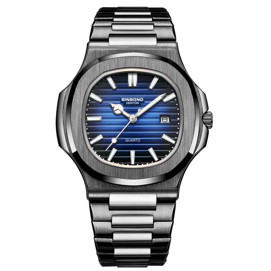 BINBOND B1885 30m Waterproof Retro Luminous Square Men Quartz Watch, Color: Black Steel-Blue-White - free shipping - PMC Jewellery - Order now!