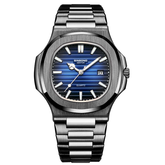 BINBOND B1885 30m Water-resistant Retro Luminous Square Men Quartz Watch, Color: Black Steel-Blue-White
