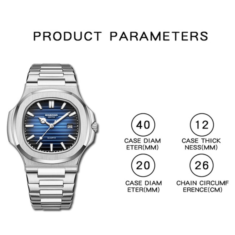 BINBOND B1885 30m Waterproof Retro Luminous Square Men Quartz Watch, Color: Black Steel-Blue-White - free shipping - PMC Jewellery - Order now!