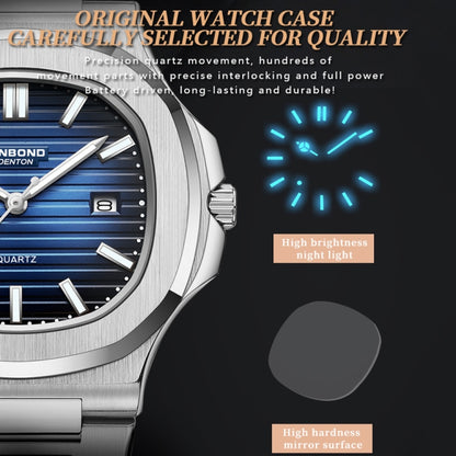 BINBOND B1885 30m Waterproof Retro Luminous Square Men Quartz Watch, Color: Black Steel-Blue-White - free shipping - PMC Jewellery - Order now!
