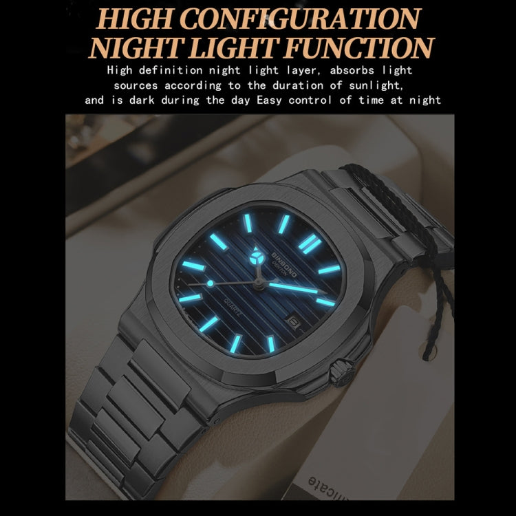 BINBOND B1885 30m Waterproof Retro Luminous Square Men Quartz Watch, Color: Black Steel-Blue-White - free shipping - PMC Jewellery - Order now!