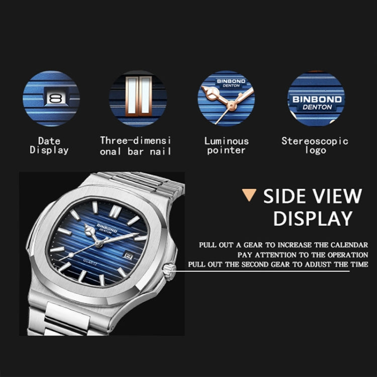 BINBOND B1885 30m Water-resistant Retro Luminous Square Men Quartz Watch, Color: Black Steel-Blue-White