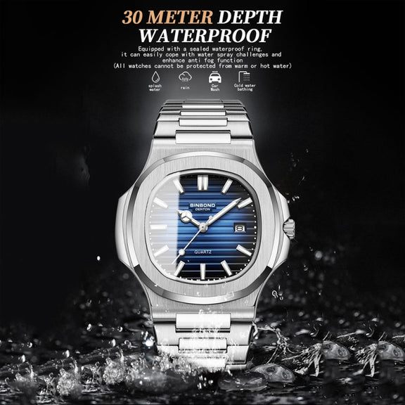 BINBOND B1885 30m Water-resistant Retro Luminous Square Men Quartz Watch, Color: Black Steel-Blue-White