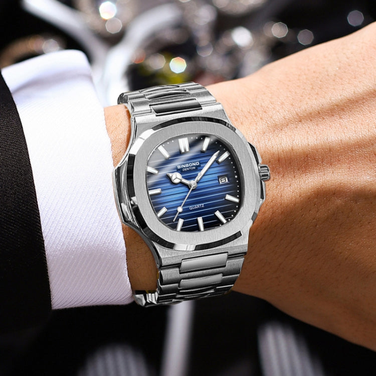 BINBOND B1885 30m Waterproof Retro Luminous Square Men Quartz Watch, Color: Black Steel-Blue-White - free shipping - PMC Jewellery - Order now!