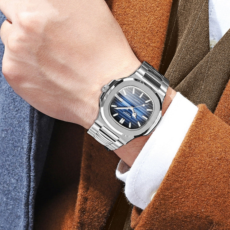 BINBOND B1885 30m Waterproof Retro Luminous Square Men Quartz Watch, Color: Black Steel-Blue-White - free shipping - PMC Jewellery - Order now!