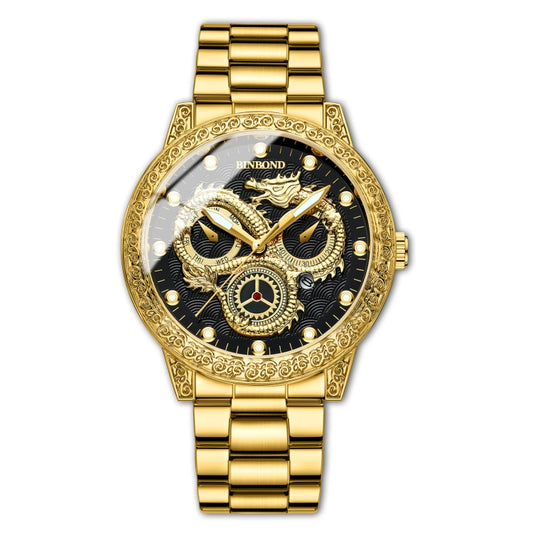 BINBOND B3030 Embossed Dragon Luminous Waterproof Quartz Watch, Color: Full-gold Black - free shipping - PMC Jewellery - Order now!