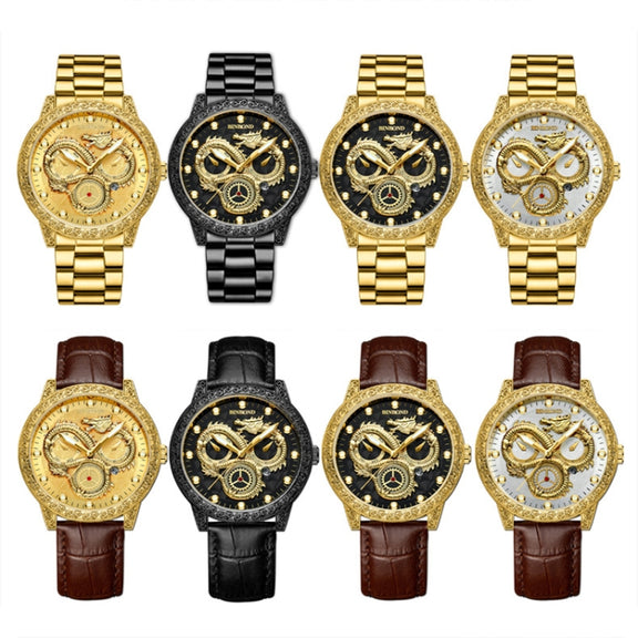 BINBOND B3030 Embossed Dragon Luminous Water-resistant Quartz Watch, Color: Full-gold Black