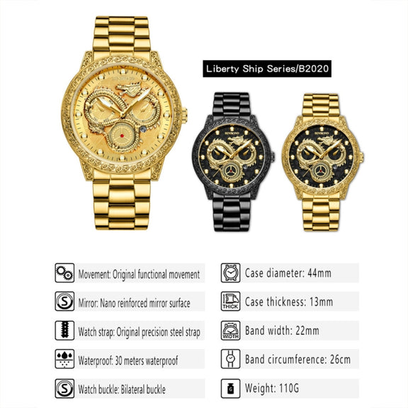 BINBOND B3030 Embossed Dragon Luminous Water-resistant Quartz Watch, Color: Full-gold Black