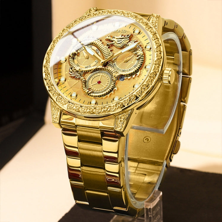 BINBOND B3030 Embossed Dragon Luminous Water-resistant Quartz Watch, Color: Full-gold Black