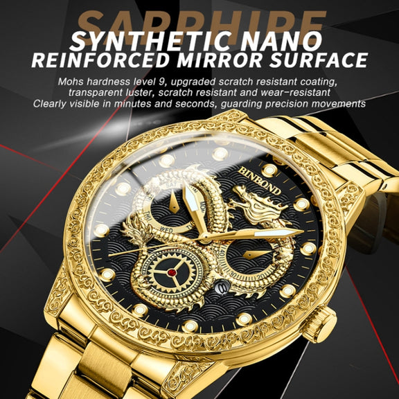 BINBOND B3030 Embossed Dragon Luminous Water-resistant Quartz Watch, Color: Full-gold Black