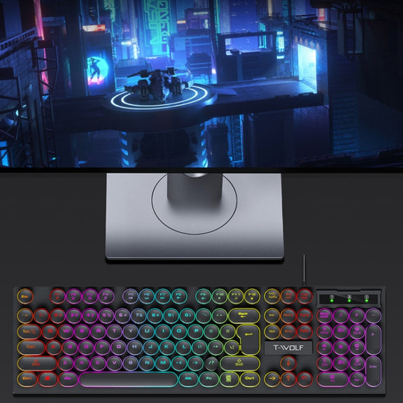 T-WOLF T80 104-Keys RGB Illuminated Office Game Wired Punk Retro Keyboard, Color: Black