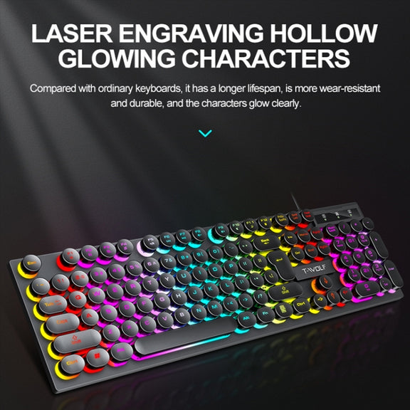 T-WOLF T80 104-Keys RGB Illuminated Office Game Wired Punk Retro Keyboard, Color: Black