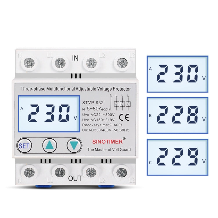 SINOTIMER STVP-932 40A 3-phase 380V LCD Self-resetting Adjustable Surge Voltage Protector - free shipping - PMC TechLife - Order now!