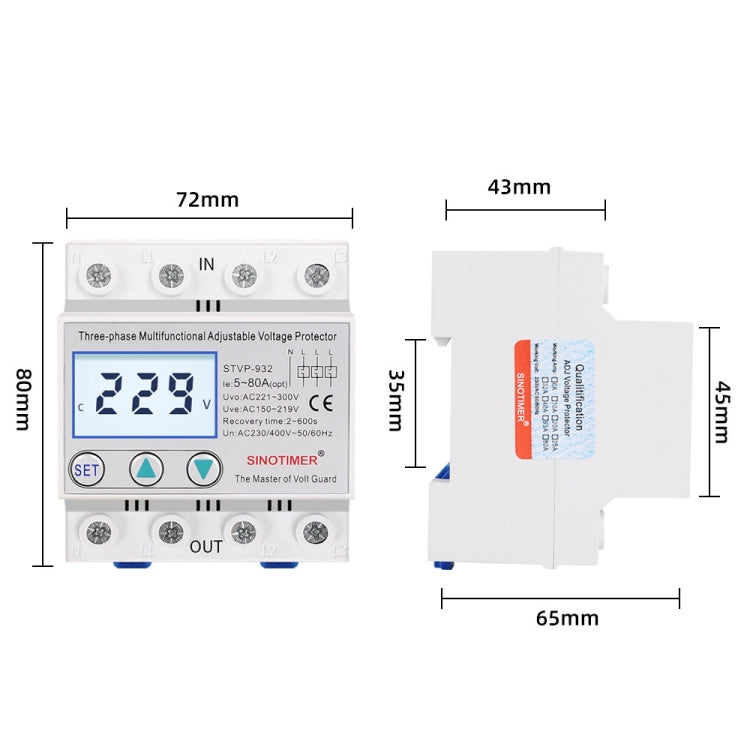 SINOTIMER STVP-932 40A 3-phase 380V LCD Self-resetting Adjustable Surge Voltage Protector - free shipping - PMC TechLife - Order now!