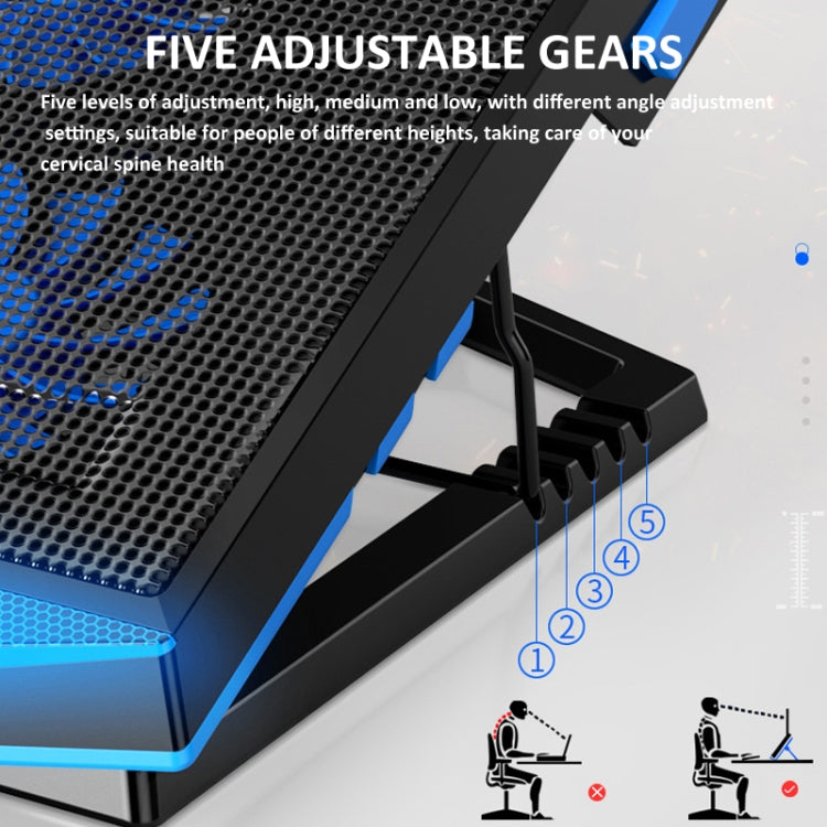 NUOXI 5 Fans Laptop Radiator Bracket Height Adjustable with Dual USB Ports(Black and Red)