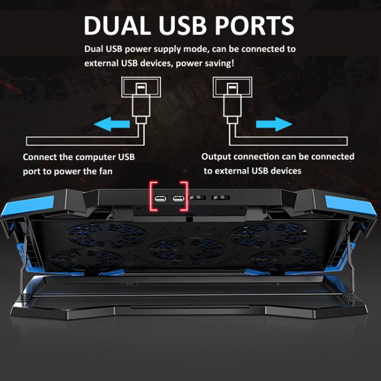 NUOXI 5 Fans Laptop Radiator Bracket Height Adjustable with Dual USB Ports(Black and Red)