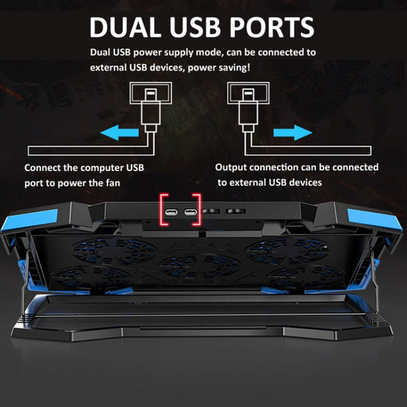 NUOXI 5 Fans Laptop Radiator Bracket Height Adjustable with Dual USB Ports(Black and Blue)