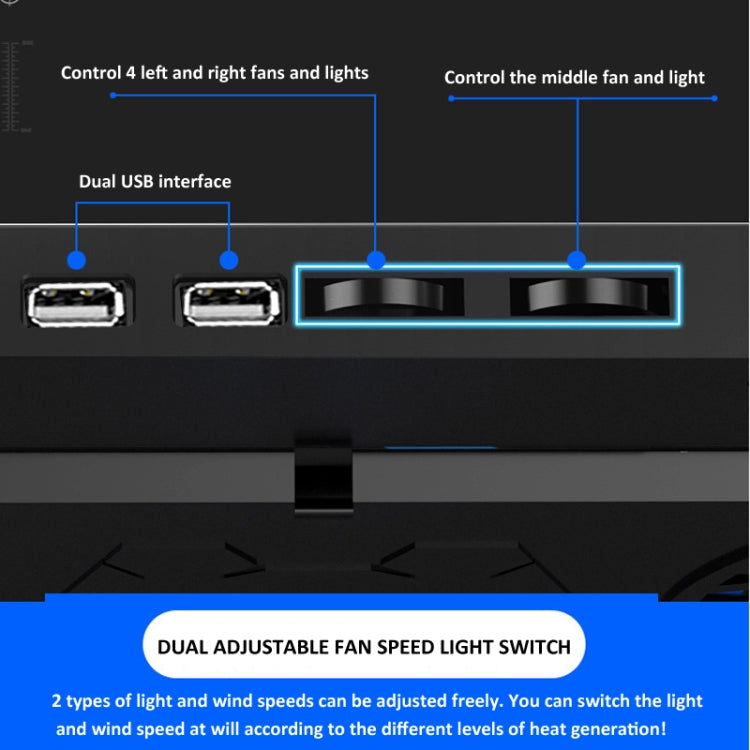 NUOXI 5 Fans Laptop Radiator Bracket Height Adjustable with Dual USB Ports(Black and Blue)