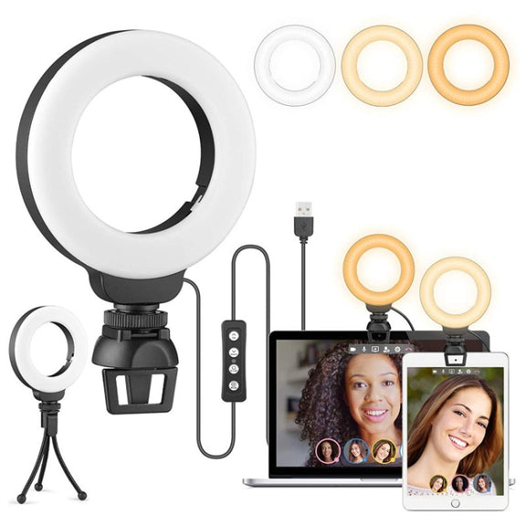 YRing48 4-Inch 48LEDs Laptop Camera Video Conference Live Beauty Ring Fill Light, Spec: Clip with Tripod