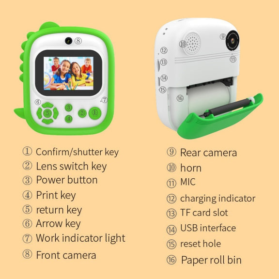 2.4 Inch 1080P HD Instant Printing Camera Children Thermal Printer With 32G TF Card(Green)