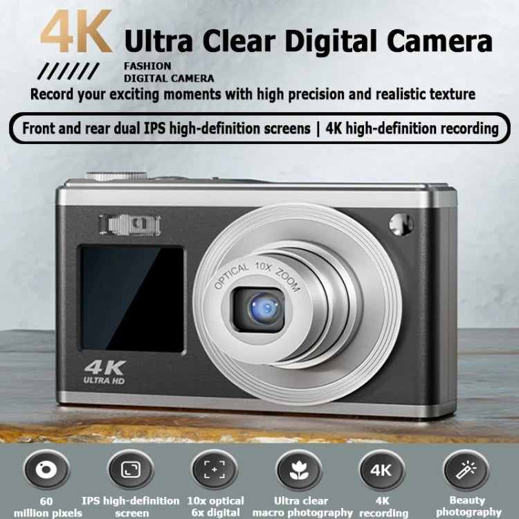 4K HD Optical Zoom Digital Camera 60MP Dual Screen Selfie Camera, No Memory(White)