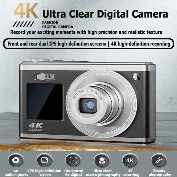 4K HD Optical Zoom Digital Camera 60MP Dual Screen Selfie Camera, No Memory(Black)