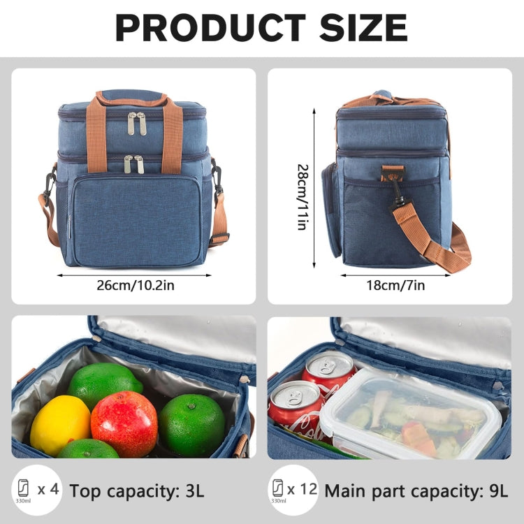 Double Layer Insulated Lunch Bag Large Capacity Food Cooler Bag with Shoulder Strap(Grey) - Lunch Bags by PMC TechLife | Online Shopping South Africa | PMC TechLife
