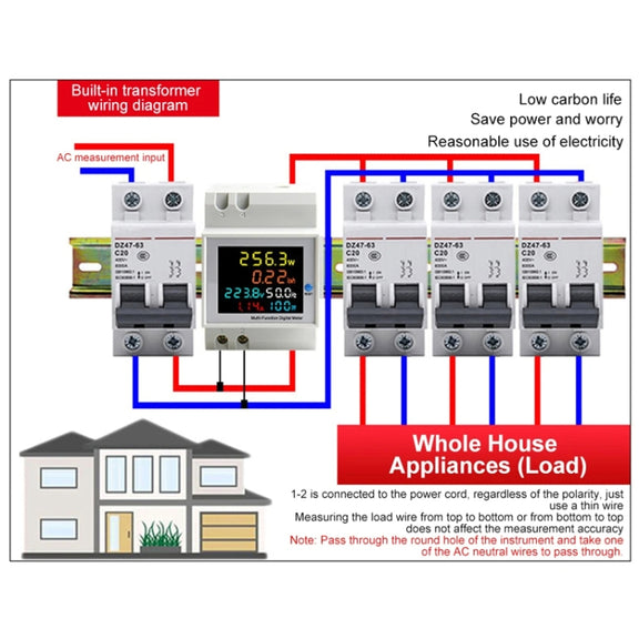 SINOTIMER SDM009 Din Rail Single-Phase Voltage Current Frequency Power Factor Electricity Multifunctional Meter, Model: AC250-450V Built-In