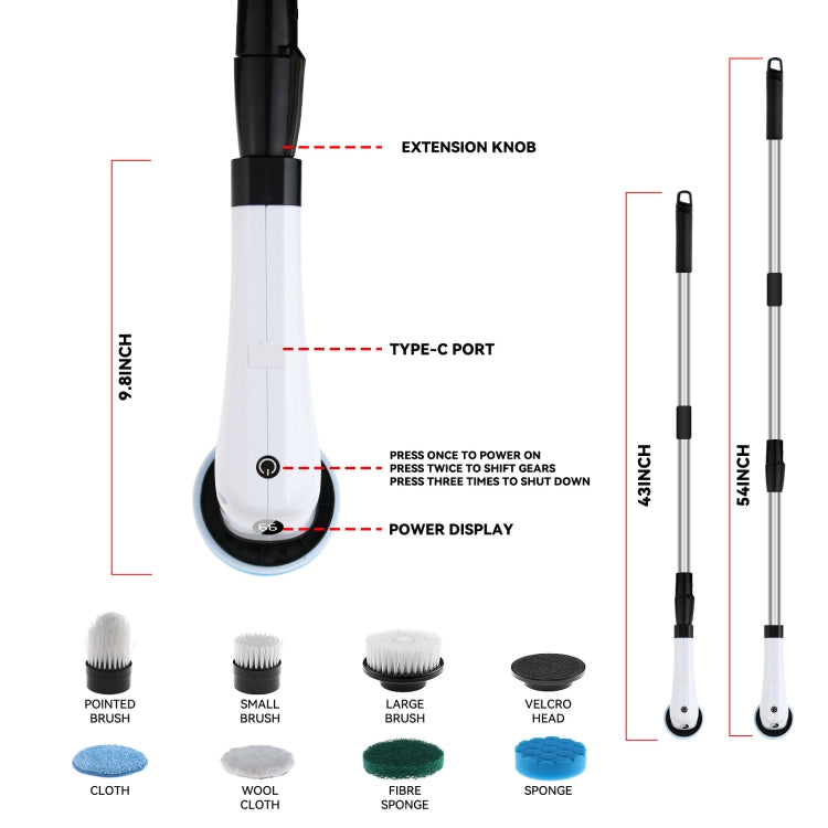 Cordless Electric Spin Scrubber Extension Handle with 7 Replacement Heads(White)