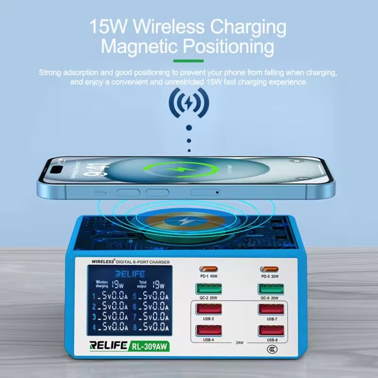 RELIFE RL-309AW  QC3.0 PD Fast Wireless Charger With LCD Display 8 Ports(EU Plug) - free shipping - PMC TechLife - Order now!