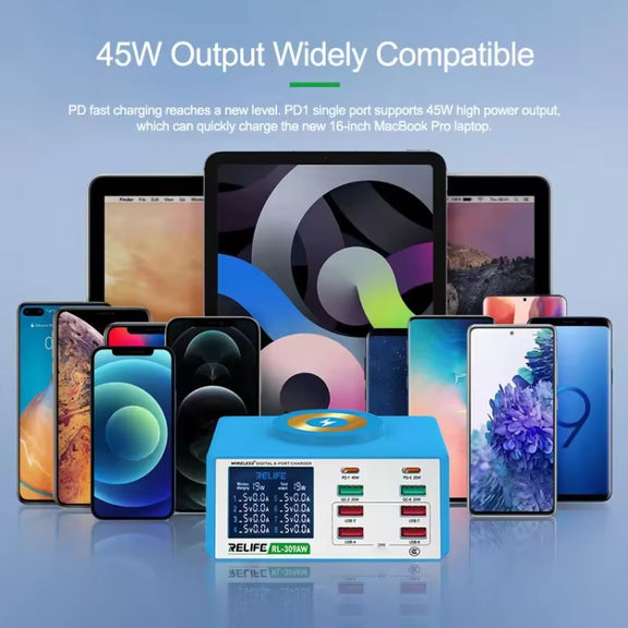 RELIFE RL-309AW  QC3.0 PD Fast Wireless Charger With LCD Display 8 Ports(EU Plug)