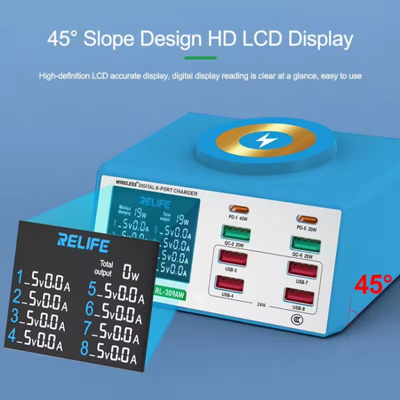 RELIFE RL-309AW  QC3.0 PD Fast Wireless Charger With LCD Display 8 Ports(EU Plug)