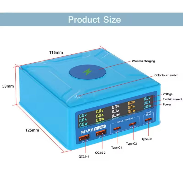 RELIFE RL-304R 5-Port 260W GaN Smart USB Fast Charger With 15W Wireless Chargind LCD Display(EU Plug)