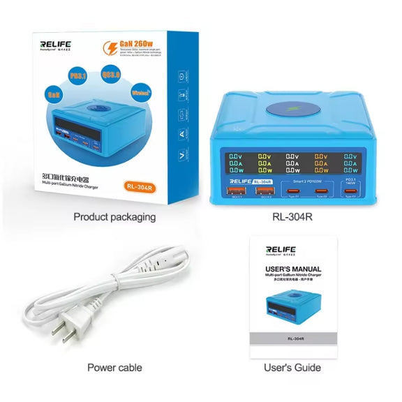 RELIFE RL-304R 5-Port 260W GaN Smart USB Fast Charger With 15W Wireless Chargind LCD Display(EU Plug)