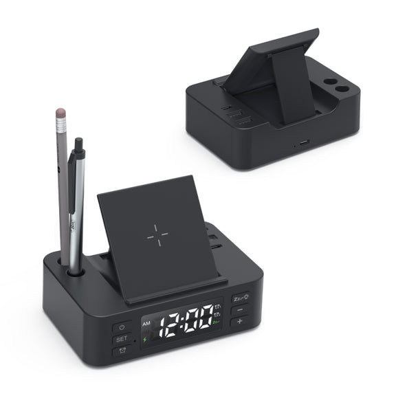 Wireless Charger Alarm Clock Foldable Mobile Stand With Pen Holder & Dual USB +1 Type-C Output(Black)