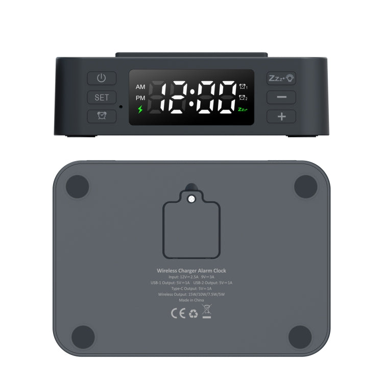 Wireless Charger Alarm Clock Foldable Mobile Stand With Pen Holder & Dual USB +1 Type-C Output(Black)