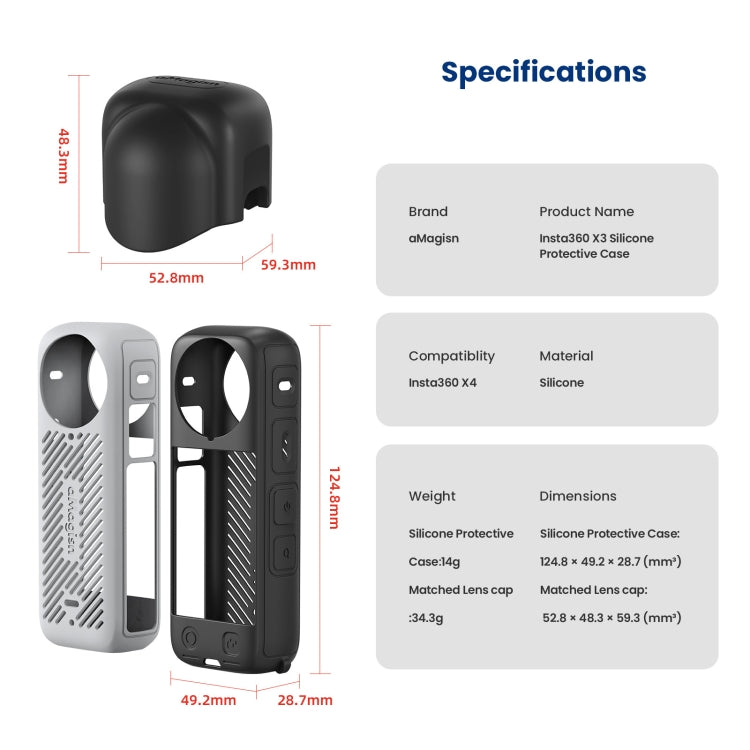For Insta360 X4 AMagisn Silicone Protective Cover Body Case + Lens Cover Gray