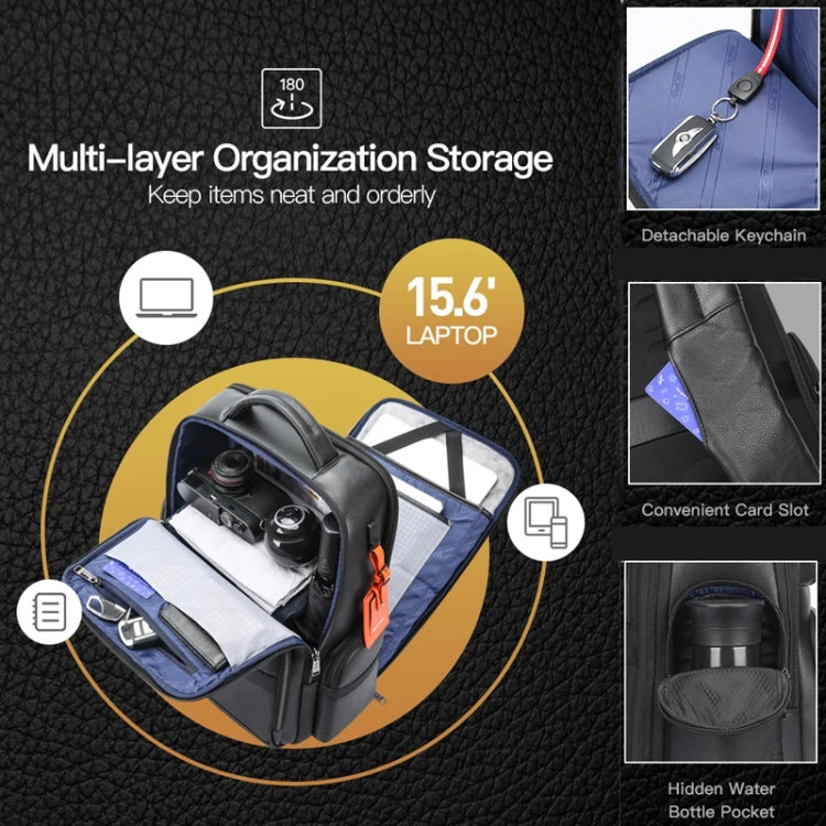 Bopai 61-17311 Large-capacity First-layer Cowhide Laptop Backpack With USB+Type-C Port(Plain) - free shipping - PMc TechLife - Order now!