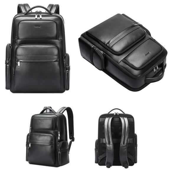 Bopai 61-98611 Large-capacity Water-resistant First-layer Cowhide Laptop Backpack With USB+Type-C Port(Black)