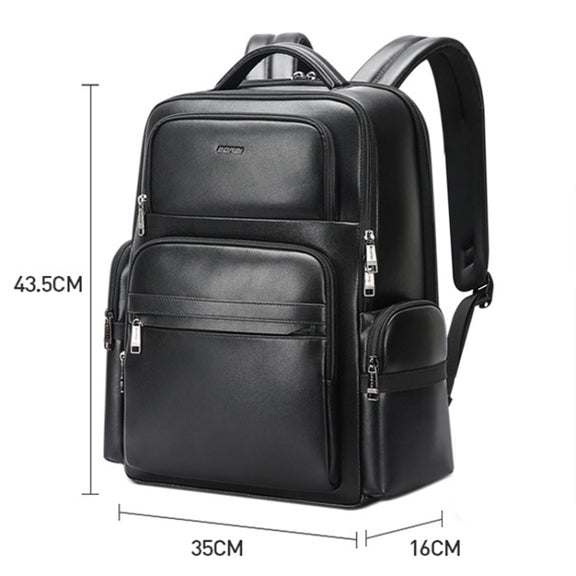 Bopai 61-98611 Large-capacity Water-resistant First-layer Cowhide Laptop Backpack With USB+Type-C Port(Black)