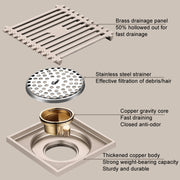 All Copper Brushed Anti-Odor Floor Drain Gravity Copper Core Bathroom Floor Drain, Specification: Square Fine Sculpture Single Use
