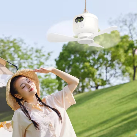 Mini Ceiling Fan Portable Camping Fan With Light &  Remote Built In 8000mAh Battery(White)