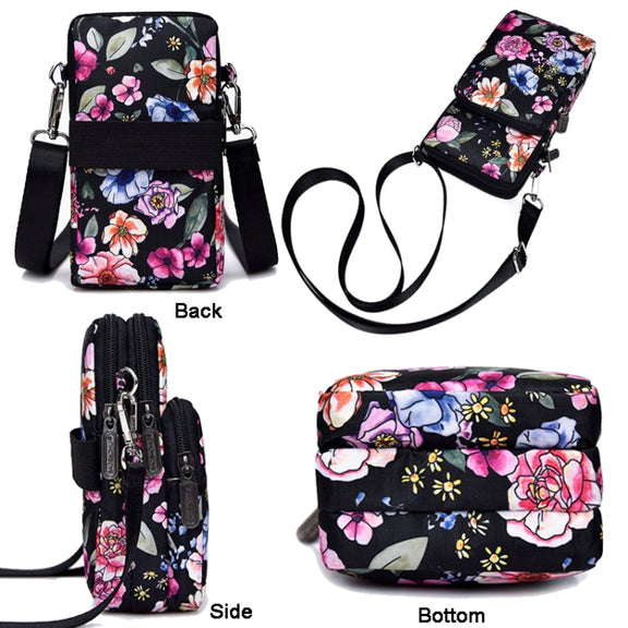 Printed Crossbody Mobile Phone Bag Mini Wallet With Arm Band, Style: Black Flower1