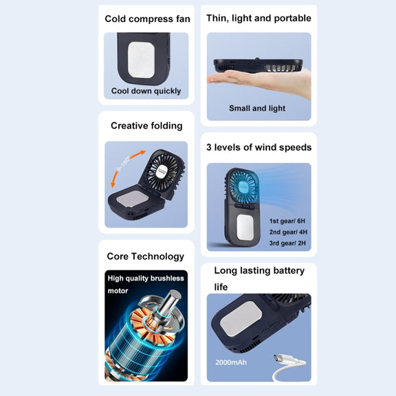 USB Charging Folding Outdoor Handheld Mini Cold Compress Fan Desktop Cooling Fan(Navy Blue)