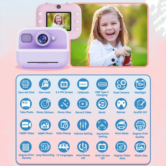 M8 2.4-Inch 1080P HD 2400W Pixel Dual-Camera Children Thermal Printing Camera, Color: Pink