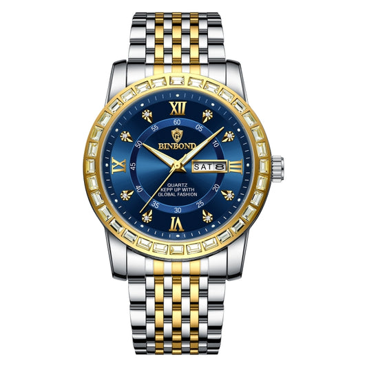 BINBOND B2202 Diamond Dual-calendar Luminous Quartz Watch, Color: Inter-gold-Blue - free shipping - PMC Jewellery - Order now!
